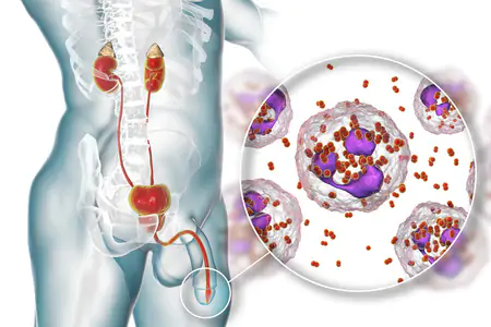 male gonorrhea illustration showing close up view of neisseria gonorrhoeae